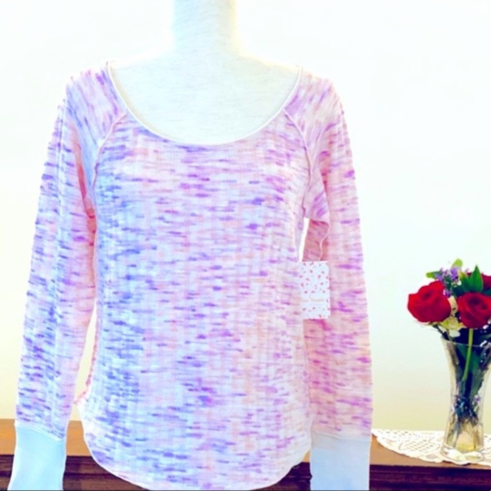 🌸Free People Long sleeve Thermal Knit Top w/Thumbholes, Size L, Pink Combo NWT - Picture 3 of 7